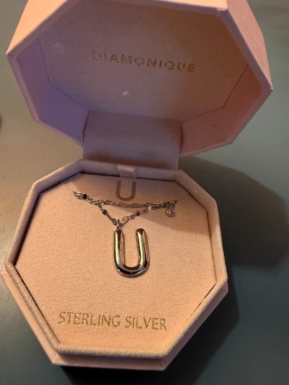 Diamonique U initial sterling silver necklace